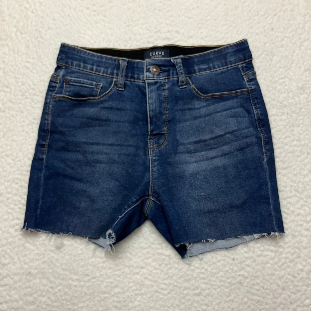 Curve Appeal Denim Shorts‎ Womens 6/28 Blue Dark Wash Raw Hem High Rise Stretch